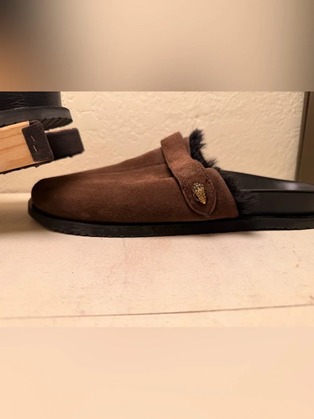 Kurt Geiger Brown Suede Backless Loafer with Fur Trim